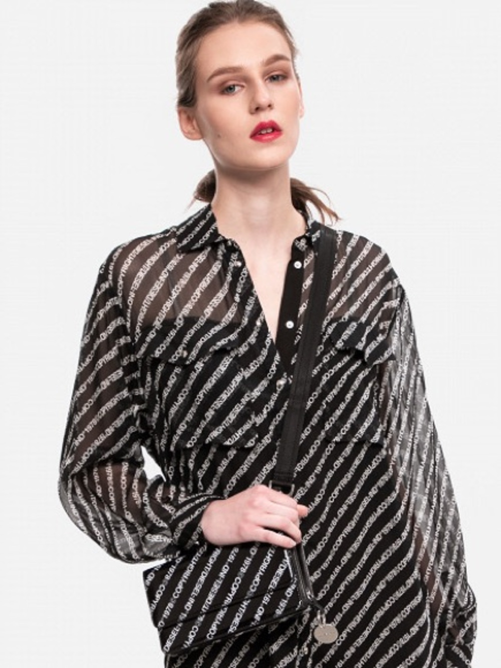 Diesel Sheer Black Logo-Print Button-Up Blouse xs